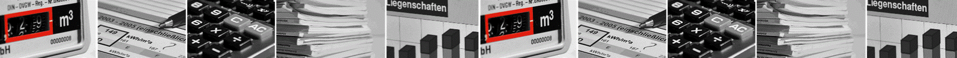 Titel: Bildleiste Energiecontrolling - Beschreibung: Die Bildleiste illustriert den Alltag im Energiecontrolling. Es ist ein Gaszhler, der Ausschnitt eines Energieausweises, der Ausschnitt einer Tastatur, ein Stapel mit Broschren und eine Balkengrafik zu sehen.